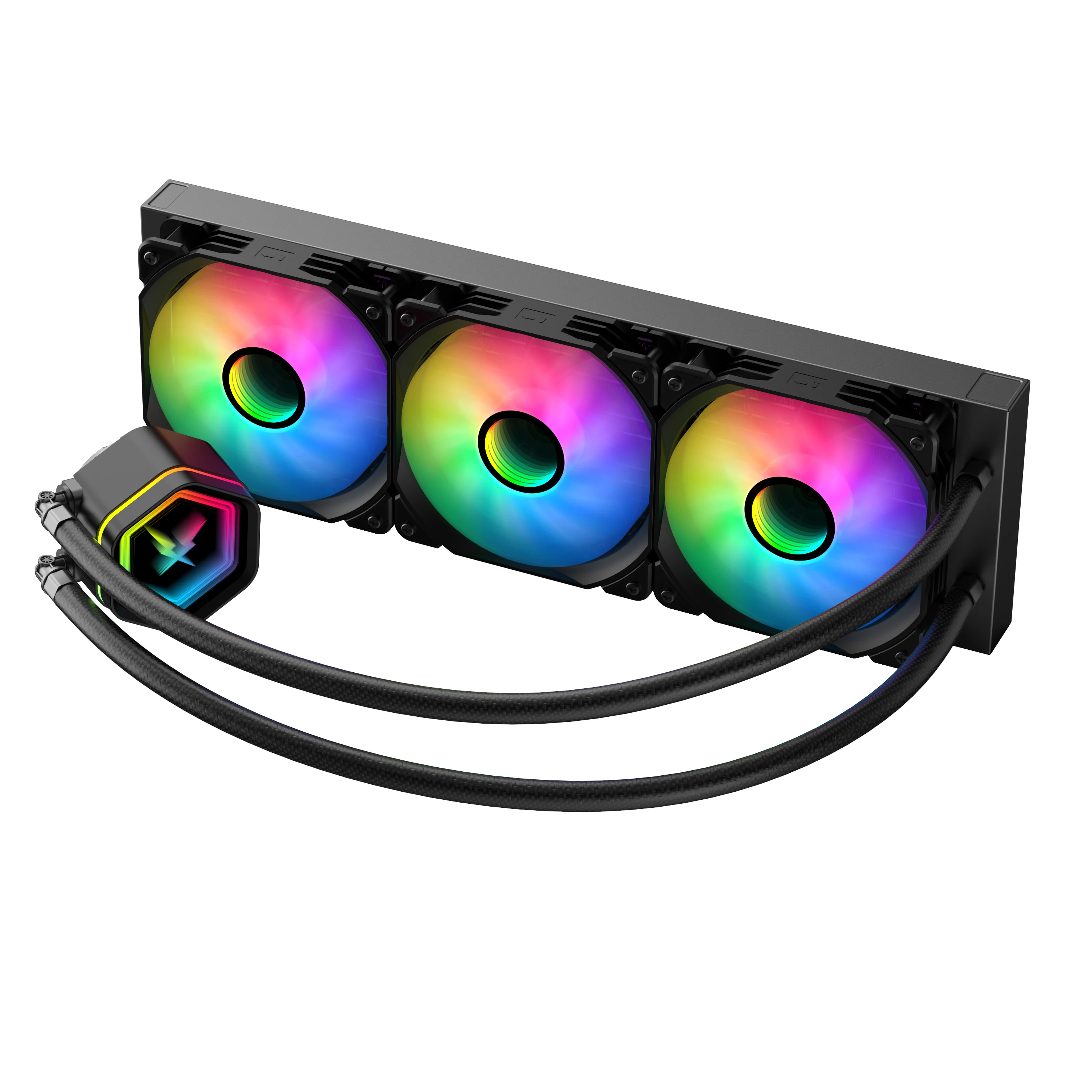 Ruix 360mm Liquid CPU Cooler (Fixed Colour, 3-Pin) - angled view with tubes