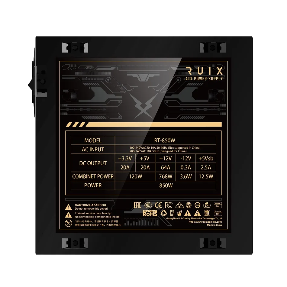 Ruix RT850W 80 Plus Gold Full Modular Power Supply - specification label