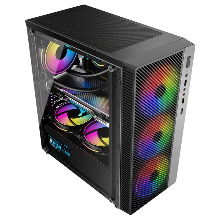 Ruix ARGB Front Strip ATX Mid Tower Case - angled glass side view