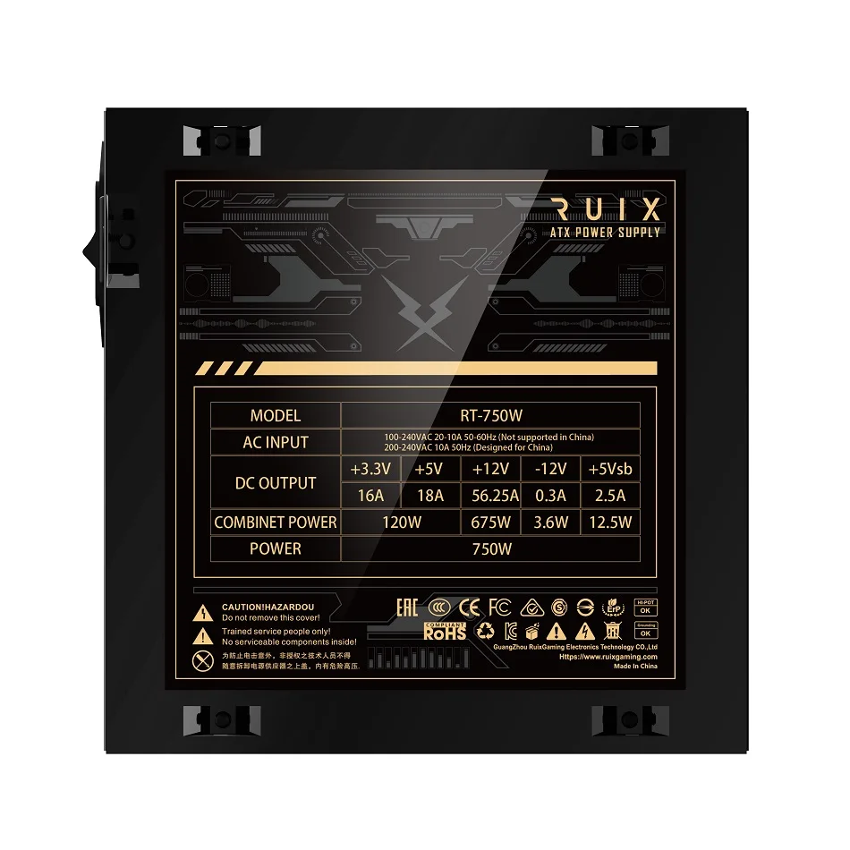 Ruix RT750W 80 Plus Gold Full Modular Power Supply - specification label