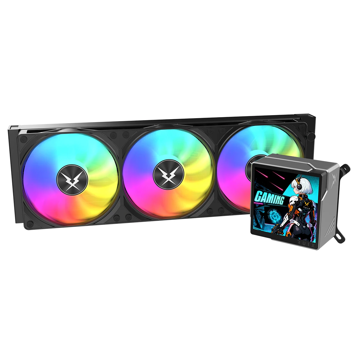 Ruix 360mm ARGB AIO Liquid Cooler with 3.4" LCD Screen - radiator and pump view